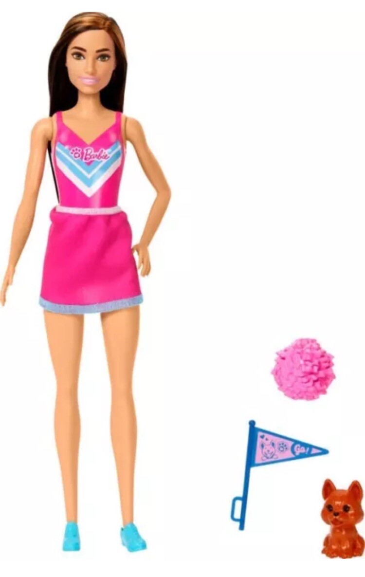 Barbie Cheerleader Fashion Doll Cheerleader Uniform Pompom Flag Puppy HXC35