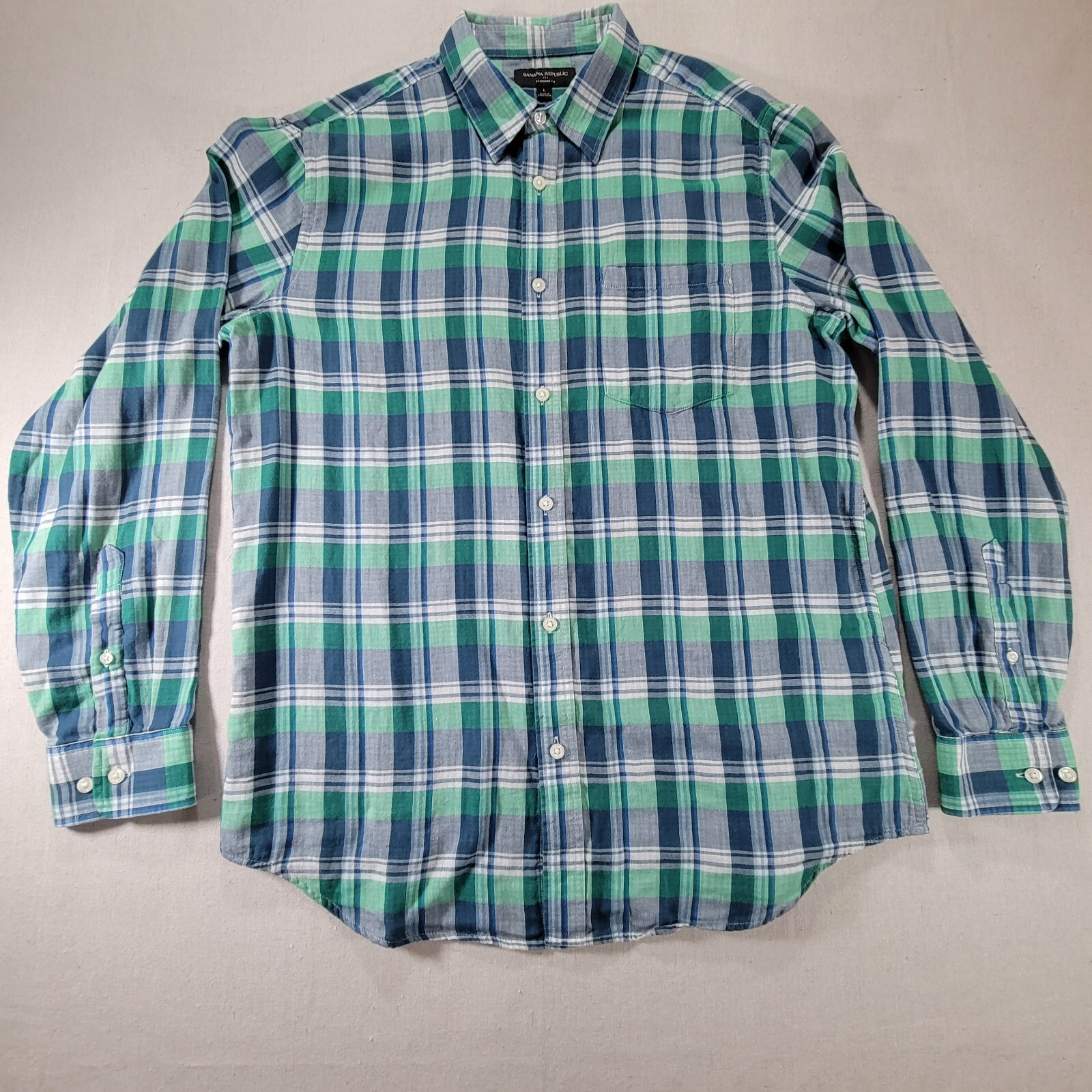 Banana Republic Mens Green/Blue Plaid Long Sleeve Standard Fit Size Large
