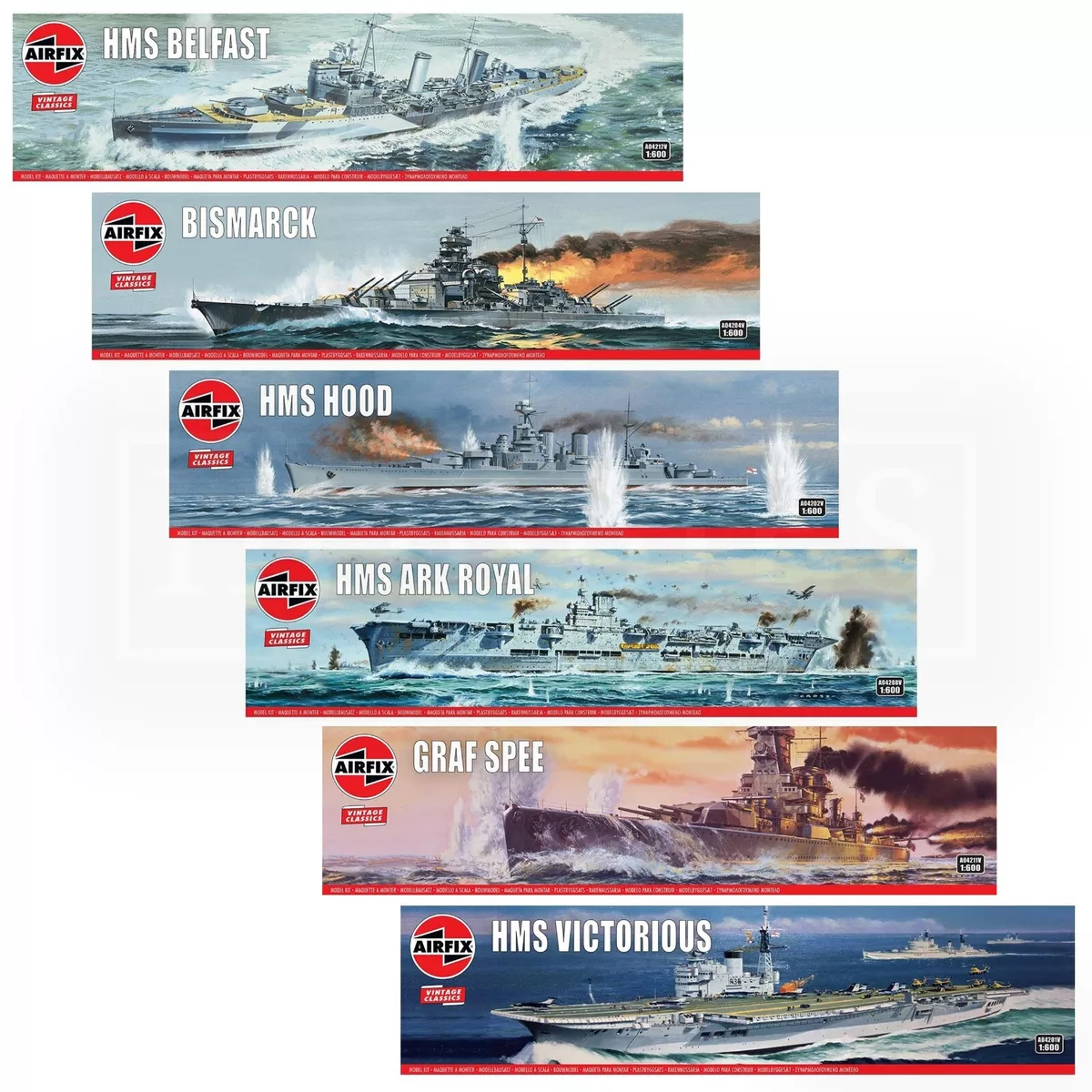Airfix Vintage Classics Battle Ships 1 600 Model Kits HMS Belfast Hood Ark Royal