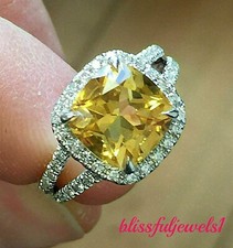 4CT Cushion Cut Real Citrine split Shank Halo Engagement Ring 14K White Gold FN