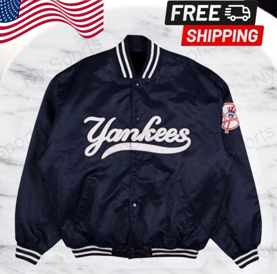 Yankees NY Vintage 90s Athletic Jacket Blue Satin Bomber Style Varsity Jacket - Image 3 of 4