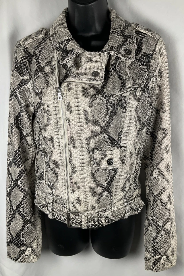 Chaqueta de moto ABS Allen Schwartz para mujer talla M imitación piel de serpiente gris/negro/rosa Foto 2 de 4
