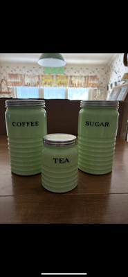 Vintage Dark Jadeite Jeanette Bee Hive Coffee & Tea Canisters