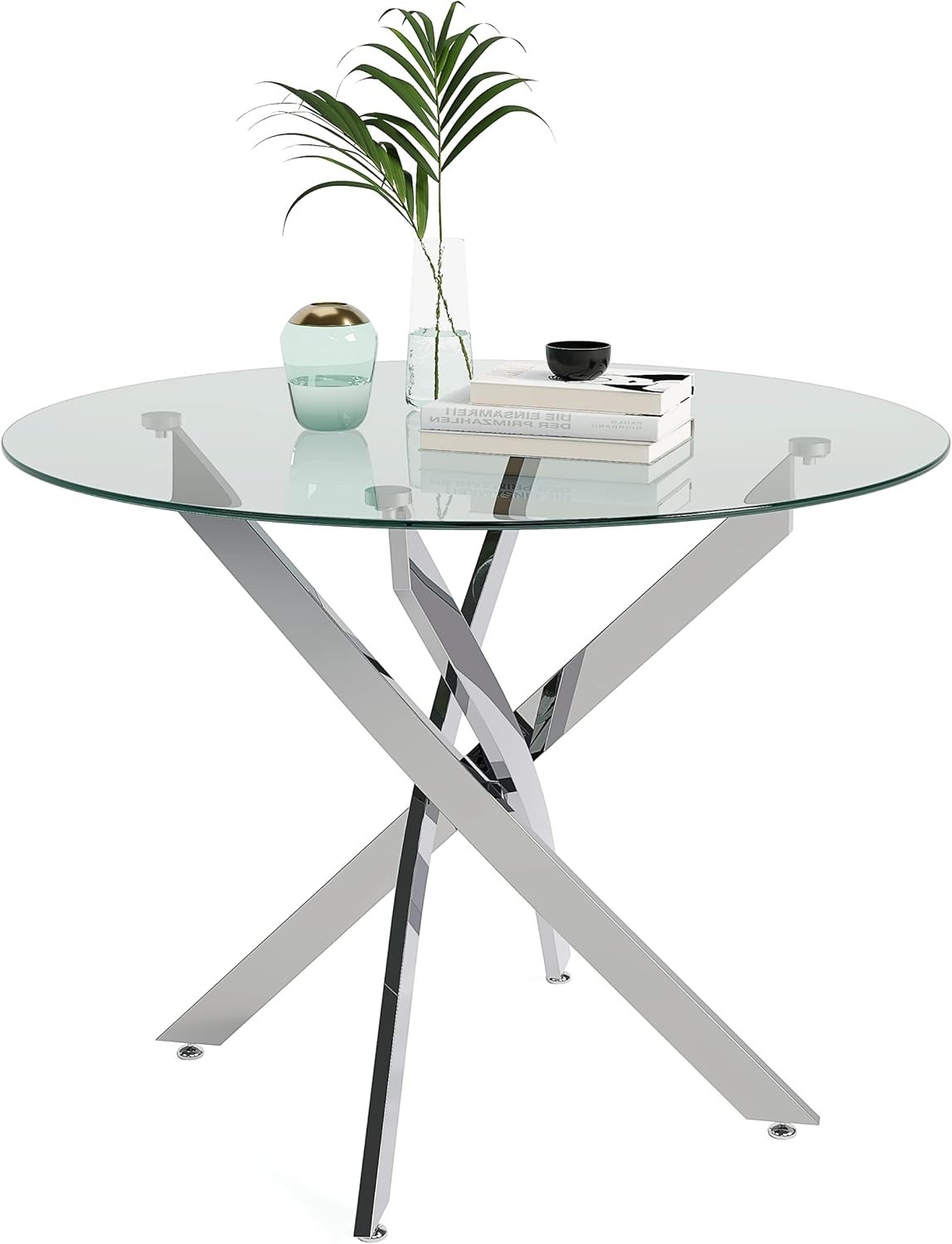 Round Glass Dining Table 80cm Silver Metal Legs Modern Kitchen Table