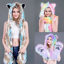 3 In 1 Unisex Rainbow Fluffy Plush Wolf Hat Hoodie Animal Ears Paws Scarf Gloves