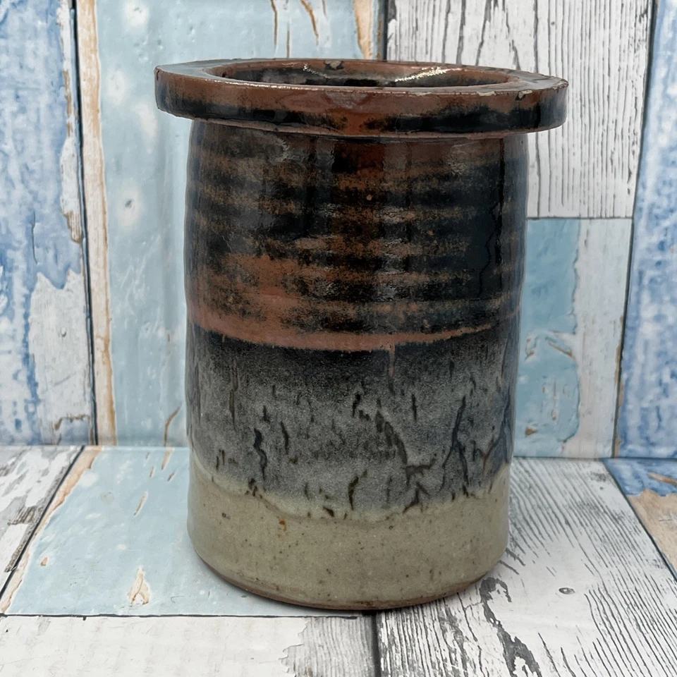 Vintage Rimmed Cylinder Vase-Leach Pottery Mark-Brown Banded Tenmoku Glaze 14 cm - Image 3 of 4
