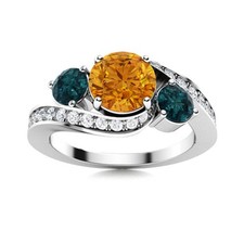 Round Citrine  London Blue Topaz 925 Sterling Silver Three Stone Women Ring