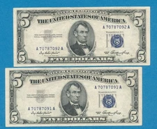 2-$5.00 1953  CONSECUTIVE BLUE SEAL  CRISP GEM  NEW  SILVER CERTIFICATE PAIR