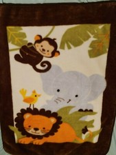 Baby Blanket Fleece Jungle Monkey Elephant Lion Brown trim 31 x 44 missing tag