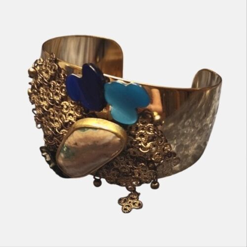 Vintage Elegant Gold Cuff Bracelet with Blue Accents
