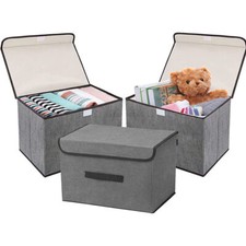 Large 3Pcs Foldable Canvas Storage Boxes Folding Fabric Clothes Baskets with Lid