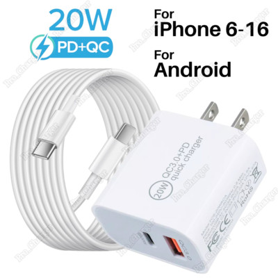 20W USB Type C Adapter USB C Fast Charger Cord For iPhone 16 15 14 13 12 Android