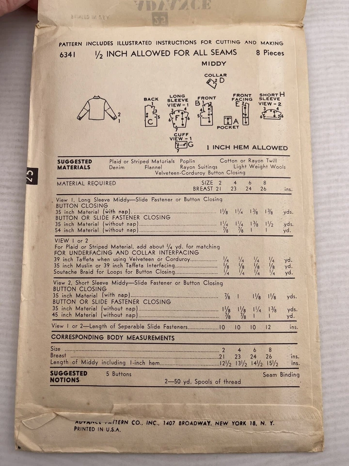 VTG 40s Advance 6341 Little Boys or Girls Size 6 JACKET 49er Shirt EASY Pattern - Image 3 of 4