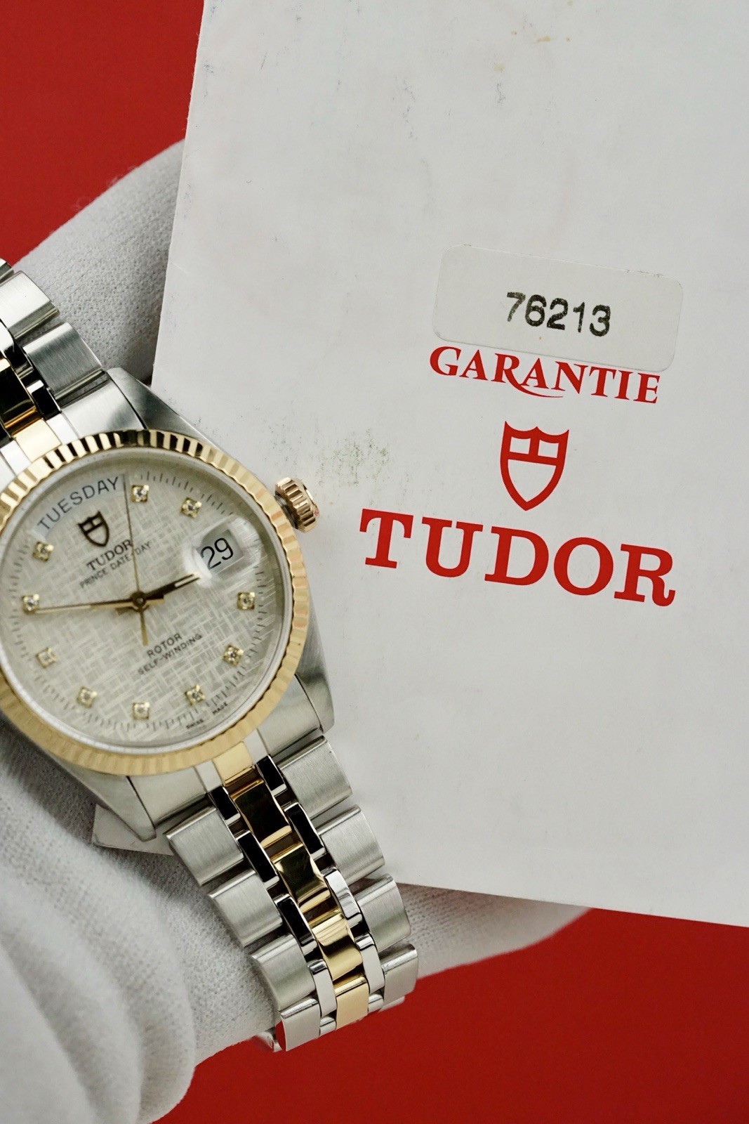 TUDOR Prince Date + Day 18k Gold #76213 Silver Diamond Linen  W/ Punched Papers image 2