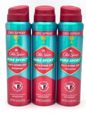 3 PACK - Old Spice Pure Sport Dry Spray Citrus Zest Antiperspirant 4.3oz Each