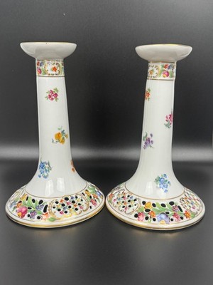 TWO Schumann Bavaria Dresden Christmas Flowers TALL Pierced Candle Holders