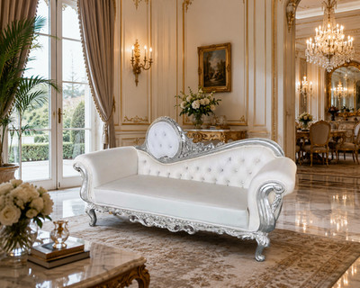 Luxury Baroque Silver Chaise Lounge Sofa   Tufted White Upholstery | Hand-Carved
