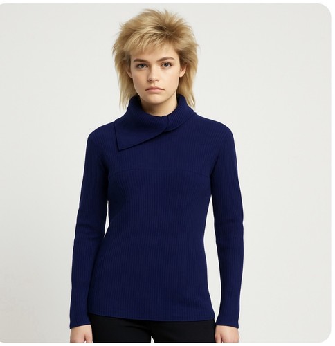 Claude Montana, Vintage 80s Claude Montana womens sweater size Small navy blue asymmetric collar