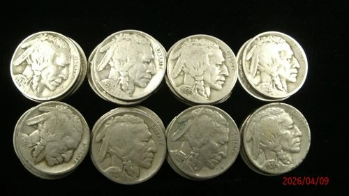 Roll of Buffalo Nickels - Avg. Circ. + 14 no or faded dates + 38 V-Nickels