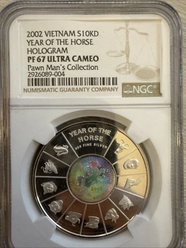2002 Vietnam’s S10KD Yr Of  The Horse Hologram NGC Pf67Ultra Cameo Pawn Man Lbl