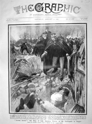 Original alter antiker Druck 1909 König Italien Rettung Opfer Erdbeben Reggio
