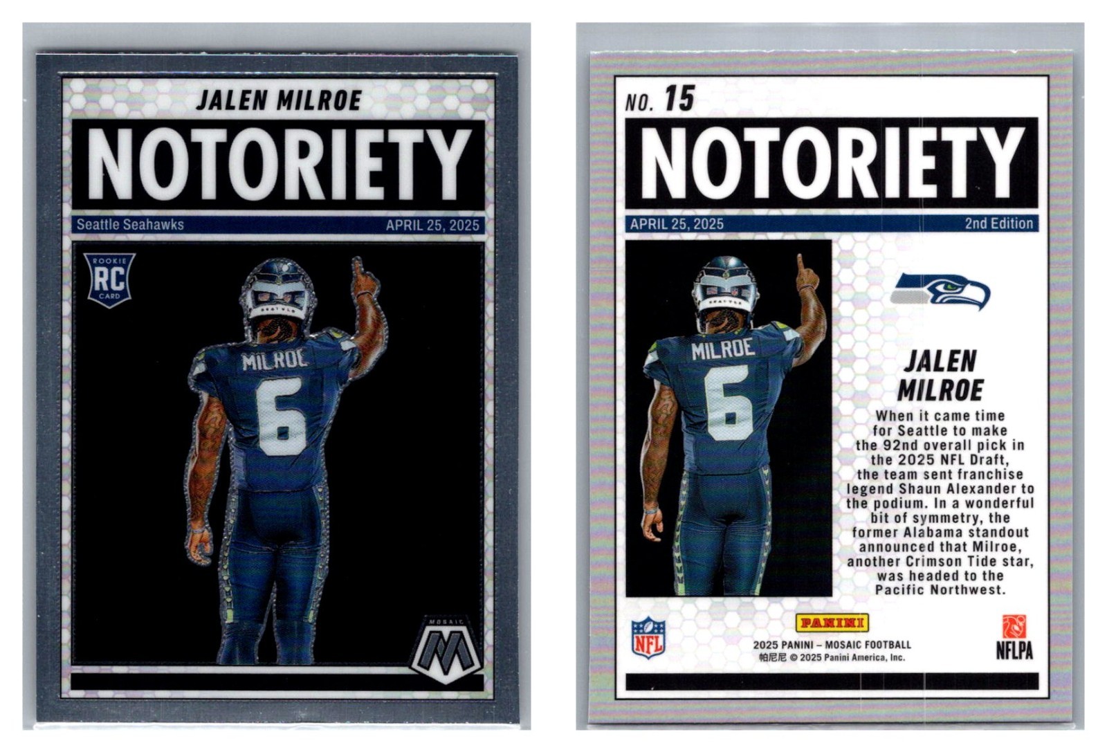 Jalen Milroe RC Notoriety 2025 Panini Mosaic #15 Seattle Seahawks QB