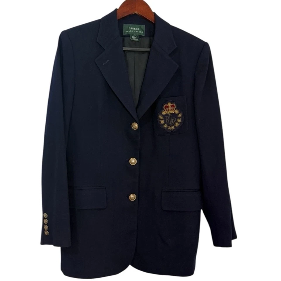 Lauren Ralph Lauren женский блейзер размер 10 темно-синий шерсть золотые пуговицы герб логотип США - Изображение 2 из 4