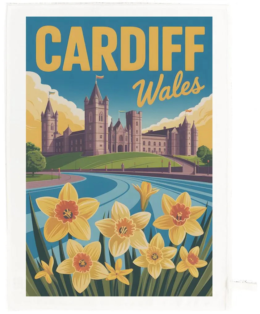 Cardiff Wales Tea Towel – 10% Cotton, White, 65 x 47 cm