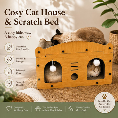 Katzenhausbett aus Holz mit Wellkratzer Lounge Indoor Katzenhöhle