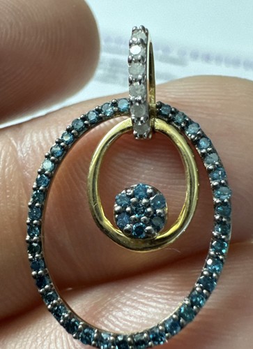 STUNNING Gemporia 10ct Yellow Gold 0.33ct Blue & White Diamond Pendant Oval - Picture 6 of 20