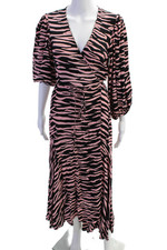 Ganni Womens 3/4 Sleeve V Neck Zebra Print Long Wrap Dress Pink Black Size FR 34