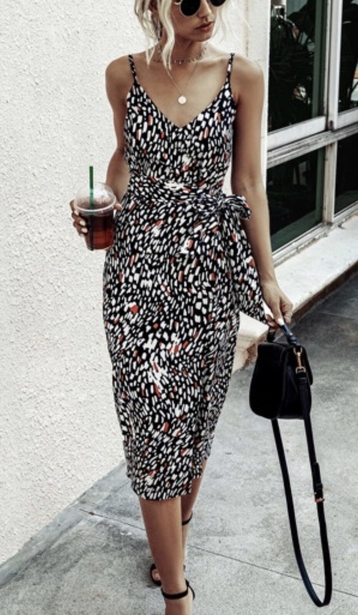 Shein Women's Allover Print Self Tie Split Thigh Cami Dress Black Large  Grunge | eBay