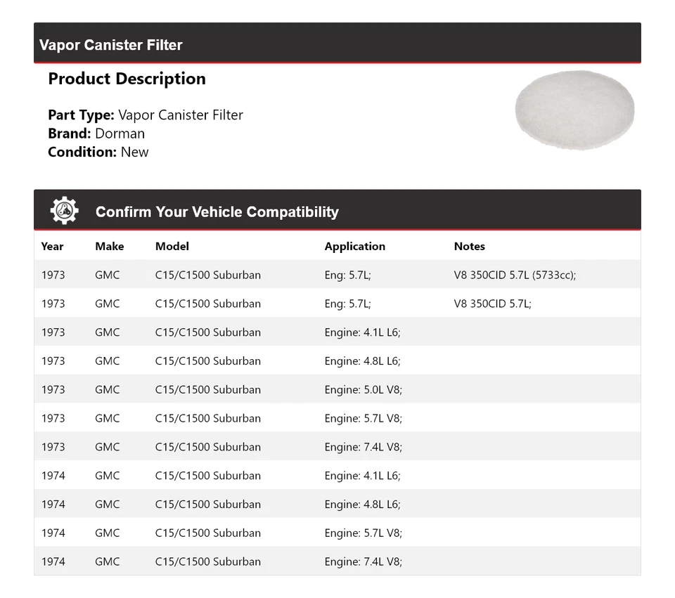 Filtro de bote de vapor Suburban Dorman 1973-1974 GMC C15/C1500 Foto 2 de 4