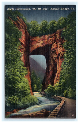 Natural Bridge in Natural Bridge VA, Virginia Early Linen Postcard at Night