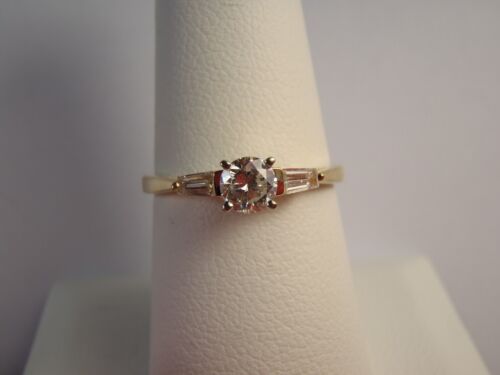 14K Solid Yellow Gold Round & Baguette Natural Diamond Engagement Ring Size 6.75 - Picture 12 of 15