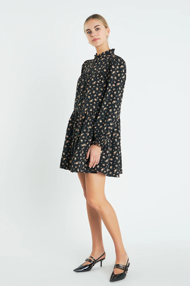 English Factory Womens Dress Black Floral Tiered Mini Puffed Prairie Boho  Small