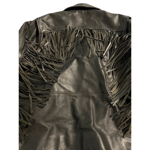 Vintage Niki Black Leather Jacket Biker Motorcycle Fringed Back Sleeves Size 46 - Picture 7 of 7