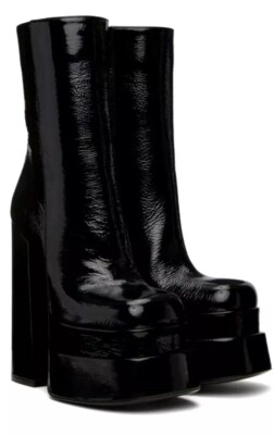 New Versace Medusa Aevitas Black Patent Leather Platform Booties Size 38