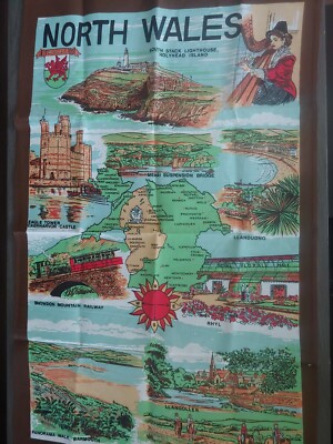 VINTAGE Cotton Tea Towel NORTH WALES Map Llandudno Snowdonia Rhyl Scenes