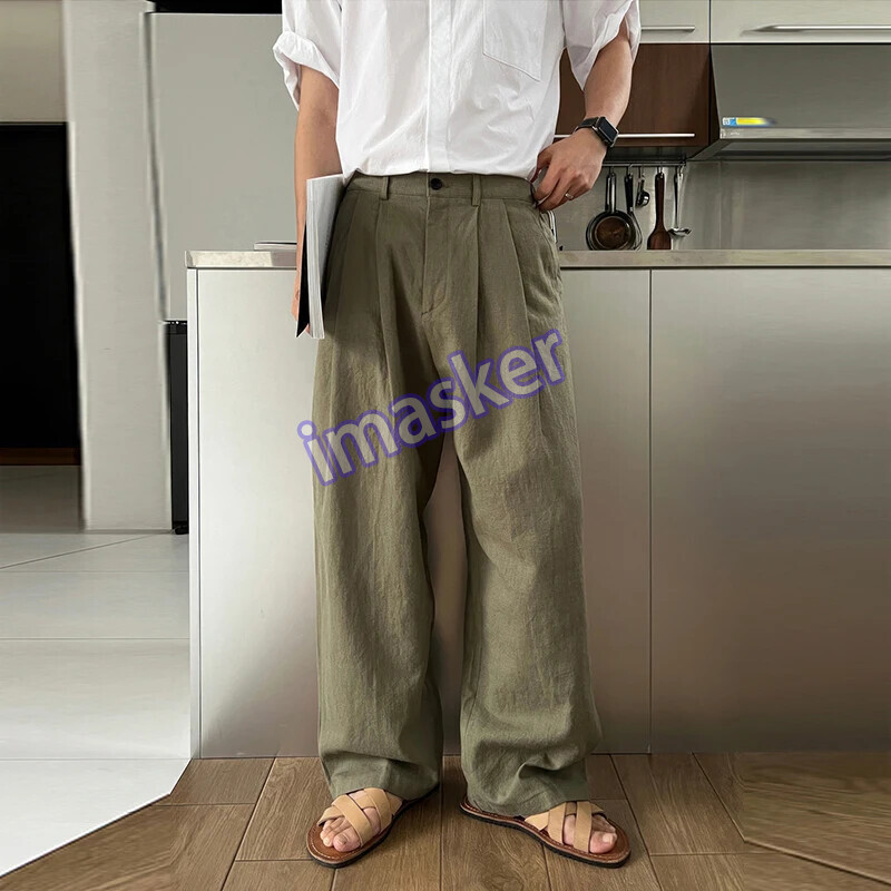 Men's Linen Wide Leg Sweatpants Casual Button-Down Solid Color Straight Fit