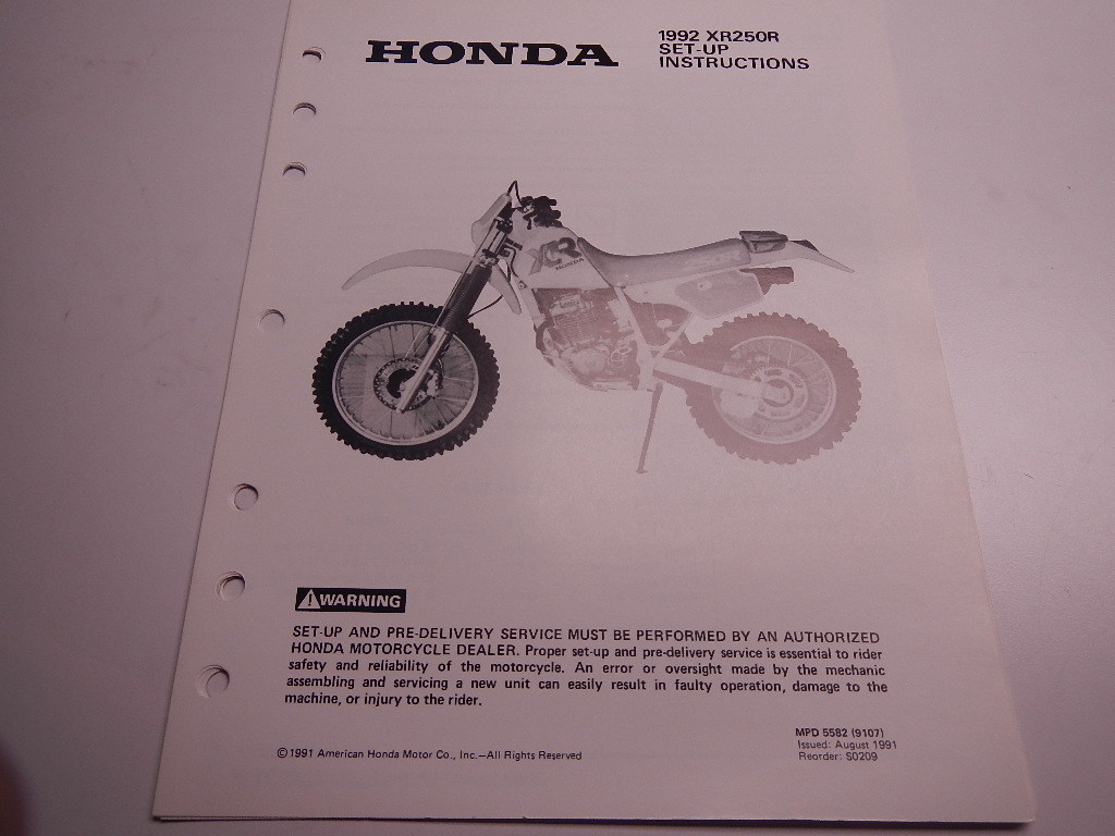 1992 Honda XR250R Set Up Instructions Manual 250R R XR 250 XR250