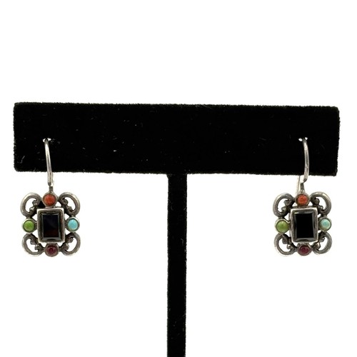 Sterling Silver 925 Multi Gemstone Earrings NA Onyx Coral Dangle Signed - Picture 3 of 11