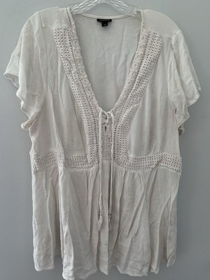 Torrid Womens Z3X White Boho Babydoll Crinkle Gauze Crochet Inset Lace-Up Top