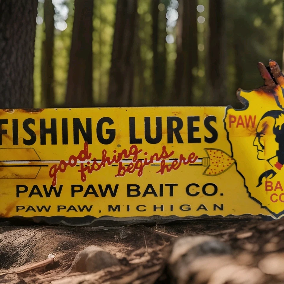 Letrero de porcelana vintage Paw Paw Bait señuelos de cebo de pesca lubina Michigan gasóleo Foto 3 de 4