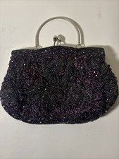 Vintage Black Beaded Evening Bag Sequin Floral Clutch Purse