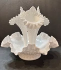 VTG Fenton White Milk Glass Hobnail Ruffled Triple Horn Epergne Vase 10" Tall