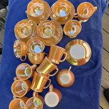 23 Pieces Of Peach Fire-King Ware 8 Coffee M, 8 Tea C,5 Saucers, Sugar And Cream
