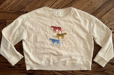Pact Organic Cotton Leopard Cheetah Multicolored Graphic Print Cream Crewneck