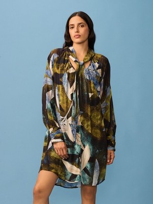 NWT Next Shift Tunic Dress Tie Neck UK 8 Loose Fit Long Sleeved Leaf Print