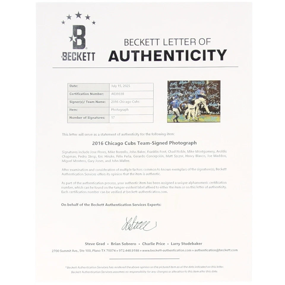 (17) Chicago Cubs Team Signed Signed 2016 World Series 8x10 Photo Autograph —BAS - Image 2 of 4